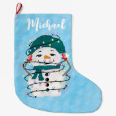 ライツ白熱［赤熱］光を放つウィンター疑問に思雪だるまクリスマス ラージクリスマスストッキング (正面)