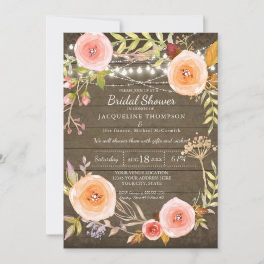 ライツ素朴ンウッドブライダルシャワーフローラリース 招待状 (正面)
