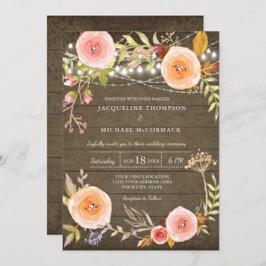 ライツ素朴ンウッドブライダルシャワーフローラリース 招待状 (正面/裏面)