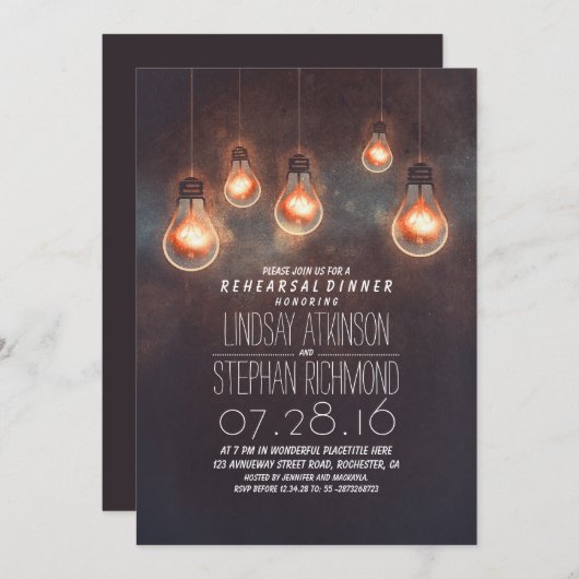 ライトお洒落電球ロマンチックなリハーサル夕食 招待状 (正面/裏面)