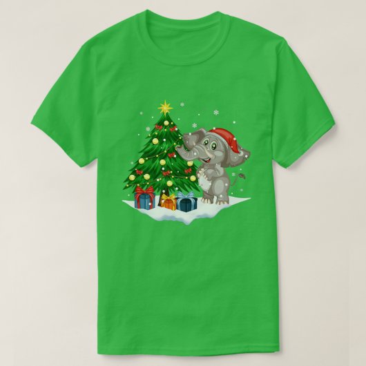 ライトが付いたクリスマスツリーとサンタの素敵な象のクリスマス ピージャケット Tシャツ (デザイン正面)