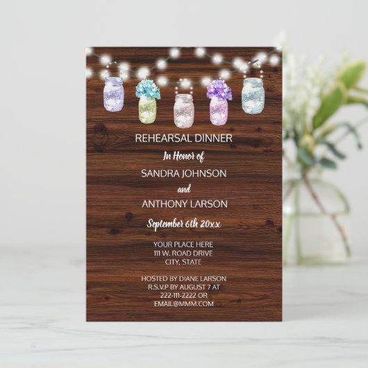 ライトが付いたメイソンジャーを使ったウェディングリハーサル 招待状 (スタンド正面)