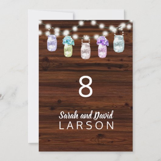ライトが付いたメイソンジャーを使ったナチュラルな結婚式テーブルナンバー 招待状 (正面)