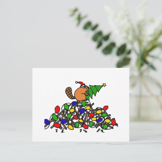 ライトが付いているおもしろいなビーバーのクリスマスのダム シーズンポストカード (スタンド正面)