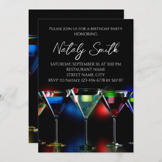 ライトが当たるマティーニグラスに入った様々なカクテル 招待状 (正面/裏面)