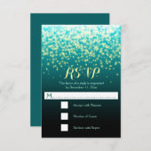 ライトきらめくティール(緑がかった色)ブルーとアクアウェディングRSVP 出欠カード (正面/裏面)