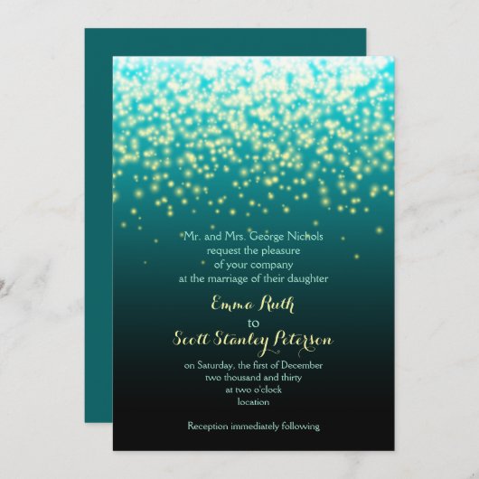 ライトきらめくティール（緑がかった色）ブルーとアクア結婚ズ 招待状 (正面/裏面)