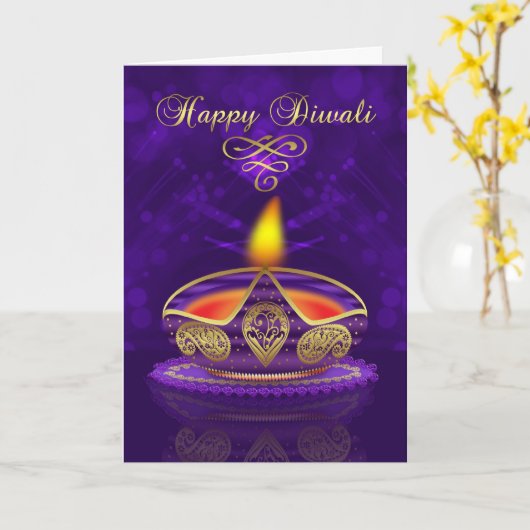 ライトとの金ゴールドそして紫色のDiwaliの挨拶状 カード (黄色い花)
