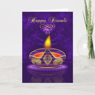 ライトとの金ゴールドそして紫色のDiwaliの挨拶状 カード
