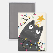 ライトとクリスマスツリーのてっぺんの飾りが可愛い猫 マグネット (正面/裏面)