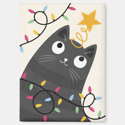 ライトとクリスマスツリーのてっぺんの飾りが可愛い猫 マグネット (正面)