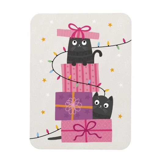 ライトとクリスマスプレゼントの可愛い猫 マグネット (縦)