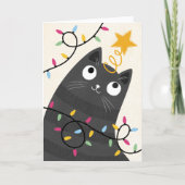ライトとツリーのてっぺんの猫のクリスマス シーズンカード (正面)