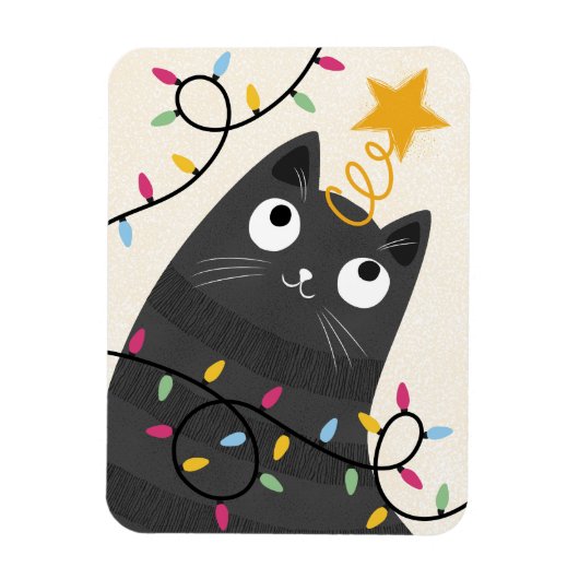 ライトとツリーのてっぺんの飾りが可愛い猫のクリスマス マグネット (縦)