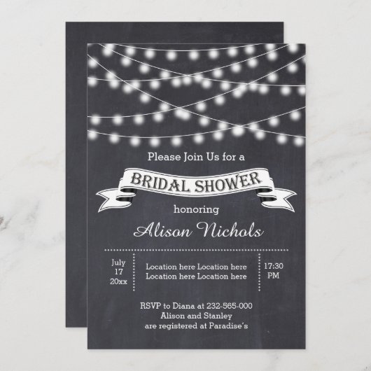 ライトとバナーの結婚ブライダルシャワー 招待状 (正面/裏面)