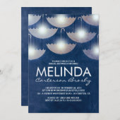 ライトと傘 ネイビーブルーの結婚前お披露目パーティー 招待状 (正面/裏面)