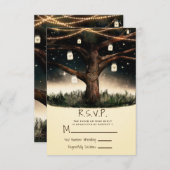 ライトと瓶が飾られた素朴な夜の木 ウェディング・ゲスト返信カード 出欠カード (正面/裏面)