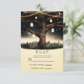 ライトと瓶が飾られた素朴な夜の木 ウェディング・ゲスト返答 出欠カード (スタンド正面)