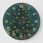 ライトと雪の夜のヴィンテージクリスマスツリー ラージ壁時計 (正面)