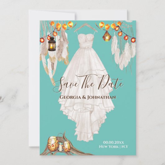 ライトな羽毛のボーホー マクラメ ドレス ティールブルー セーブザデート (正面)