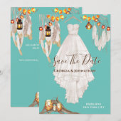 ライトな羽毛のボーホー マクラメ ドレス ティールブルー セーブザデート (正面/裏面)