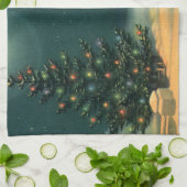 ライトのある夜のヴィンテージクリスマスツリー キッチンタオル (折り畳み)