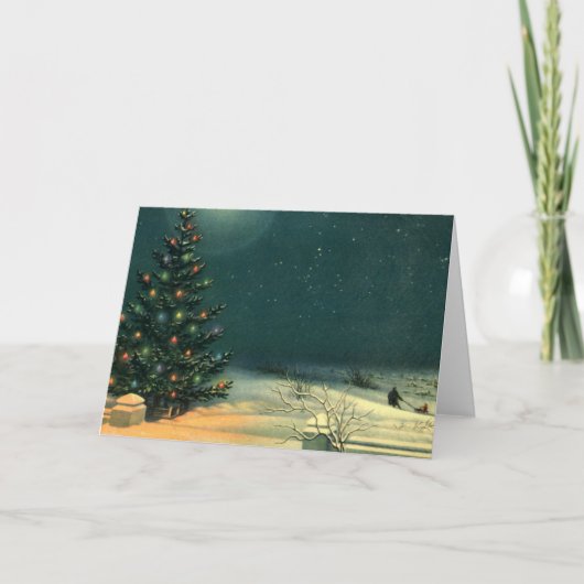 ライトのある夜のヴィンテージクリスマスツリー シーズンカード (正面)