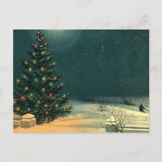 ライトのある夜のヴィンテージクリスマスツリー シーズンポストカード (正面)