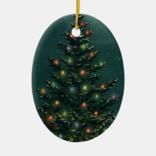 ライトのある夜のヴィンテージクリスマスツリー セラミックオーナメント (正面)