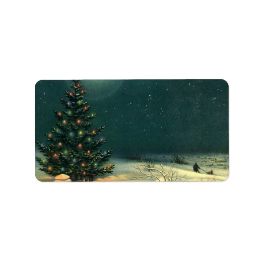 ライトのある夜のヴィンテージクリスマスツリー ラベル (正面)