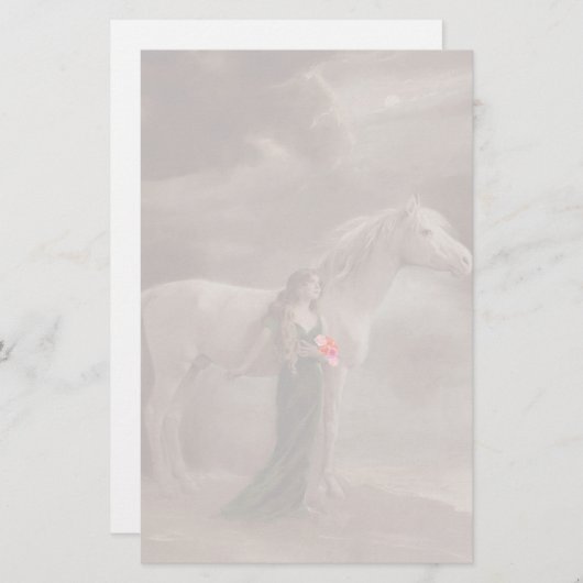 ライトのイメージのノスタルジックで旧式な女性及び馬はペット衰退します 便箋 (正面/裏面)