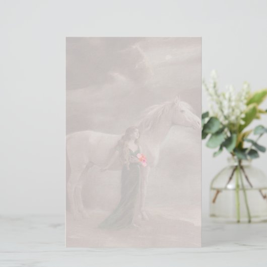 ライトのイメージのノスタルジックで旧式な女性及び馬はペット衰退します 便箋 (スタンド正面)