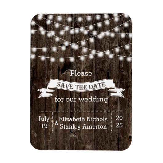 ライトのストリング ウッド サマー ウェディング Save the Date マグネット (縦)
