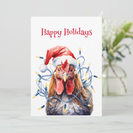 ライトの中のニワトリ　水彩画のクリスマス・ホリデー シーズンカード (スタンド正面)