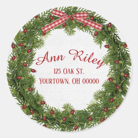 ライトの付いたクリスマスツリーの松の wreath ラウンドシール (正面)