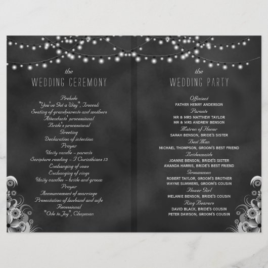 ライトの列ブラックチャックボード結婚式 プログラム (裏面)