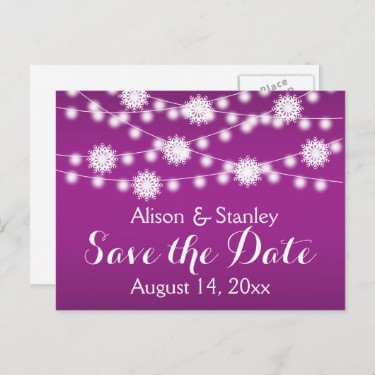 ライトの列,スノーフレーク結婚式の日付を保存 案内ポストカード (正面/裏面)