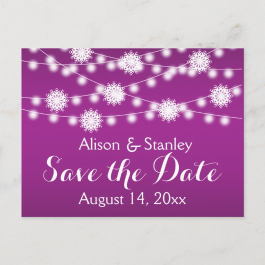 ライトの列,スノーフレーク結婚式の日付を保存 案内ポストカード (正面)