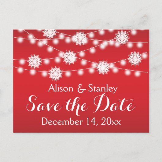 ライトの列，スノーフレーク結婚式の日付を保存 案内ポストカード (正面)