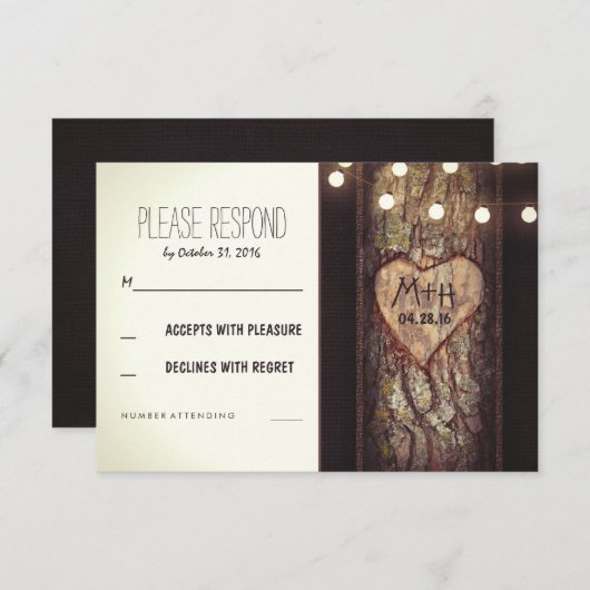 ライトの文字列の彫りハート結婚式RSVPカード 出欠カード (正面/裏面)