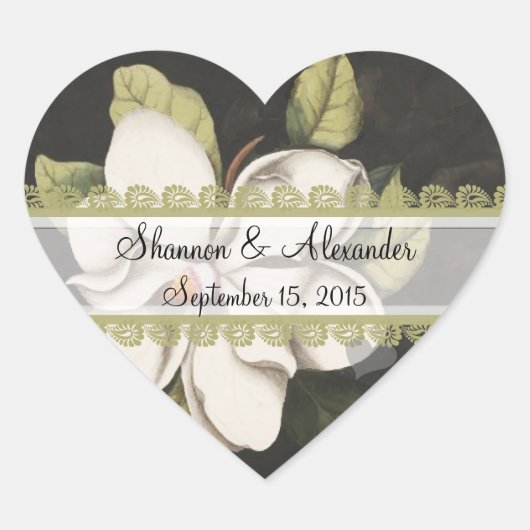 ライトアイボリーとオリーブヴィンテージマグノリアステッカー ハートシール (正面)