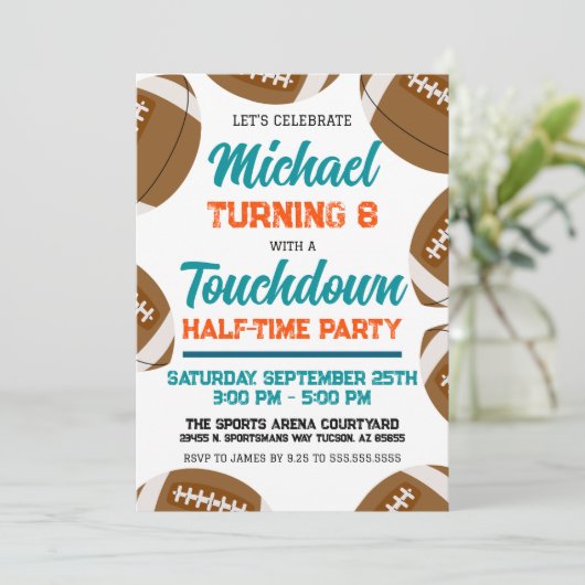 ライトアクアオレンジサッカーハーフタイムバースデーパーティー 招待状 (スタンド正面)