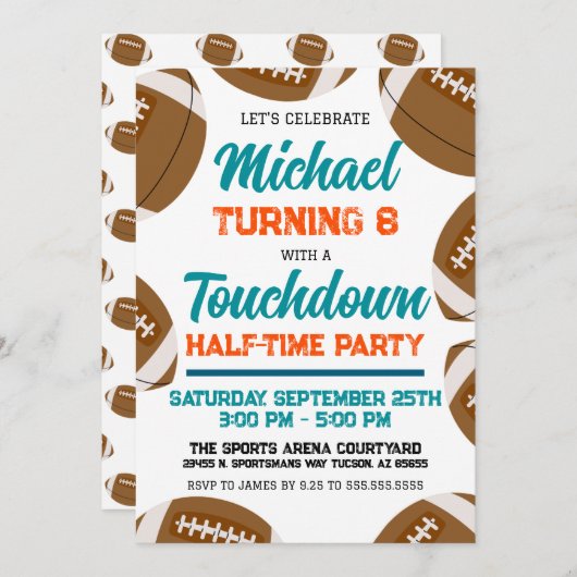 ライトアクアオレンジサッカーハーフタイムバースデーパーティー 招待状 (正面/裏面)