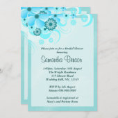 ライトアクアブルーのハイビスカスフラワーブライダルシャワー 招待状 (正面/裏面)