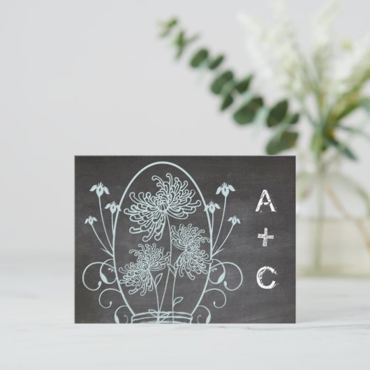 ライトアクアブルーのメイソンジャー黒板ウェディング ポストカード (スタンド正面)