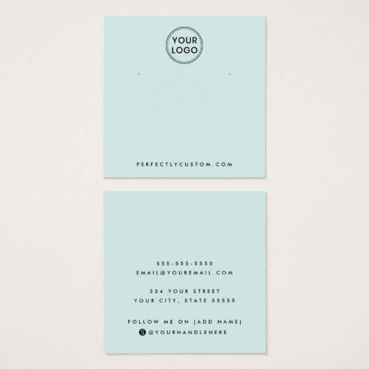 ライトアクアブルーカスタムロゴのイヤリングディスプレイカード (正面&裏面)