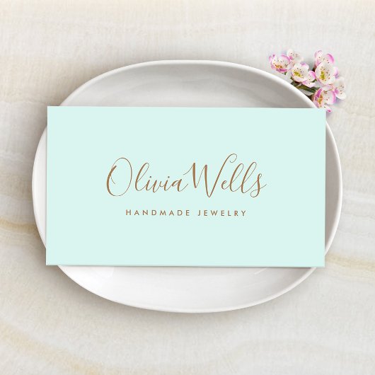 ライトアクアブルー手書きスクリプトソーシャルメディア 名刺