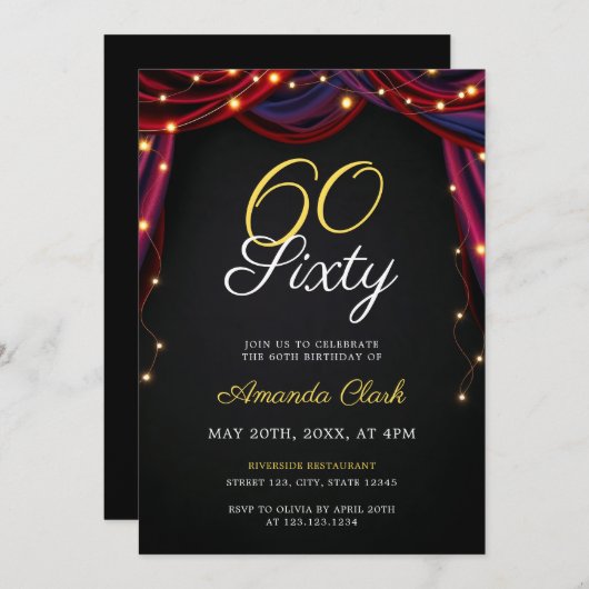 ライトアップ付き演劇レッドカーテン60誕生日 招待状 (正面/裏面)