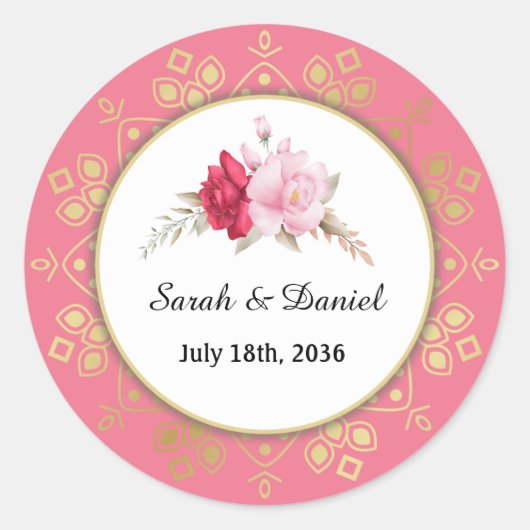 ライトアンドダークピンクローズ赤面結婚式招待状 ラウンドシール (正面)