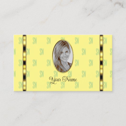 ライトイエローセージ緑とフォトゴールデンストライプ 名刺 (正面)